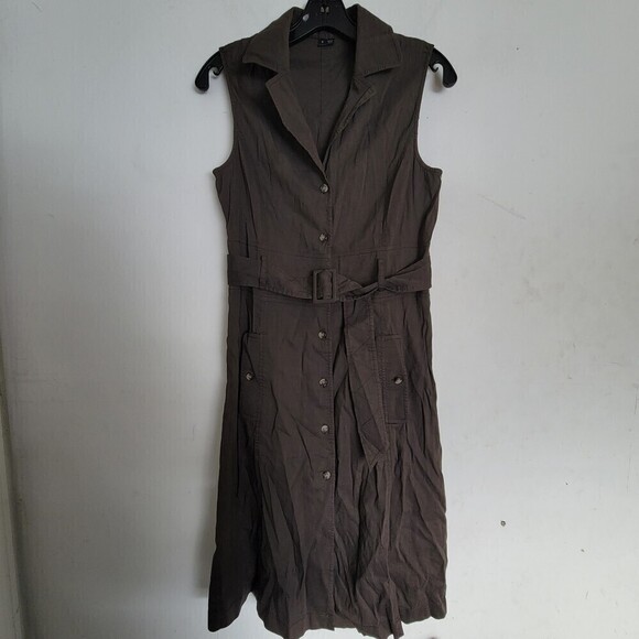 Theory Brown Button Front Sleeveless Linen Belted Pleated Back Midi Dress Size 8